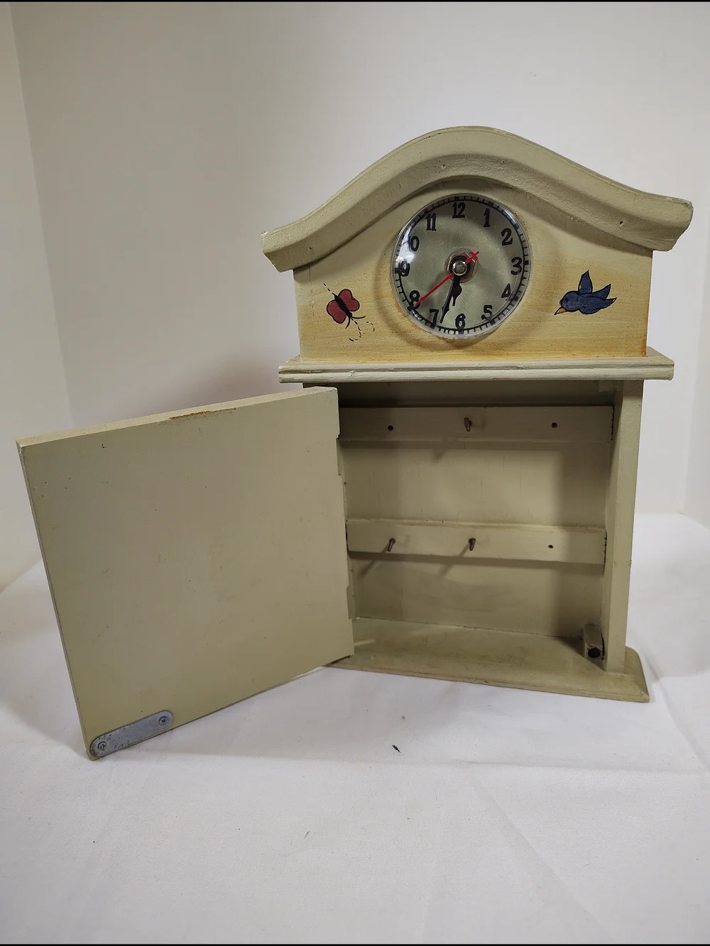 Hand-Painted Green Wooden Wall Clock Cabinet Key Rack